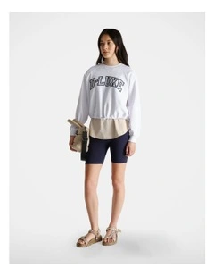 D-Luxe Logo Drawcord Sweat Top in White/Navy
