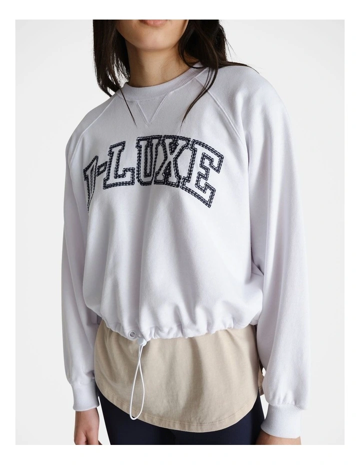 D-Luxe Logo Drawcord Sweat Top in White/Navy image 3