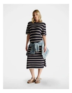 D-Luxe Relaxed Knit Dress in Navy/Shell Stripe