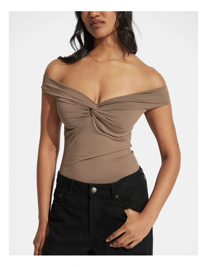 Amy Off Shoulder Twist Top in Brown image 3