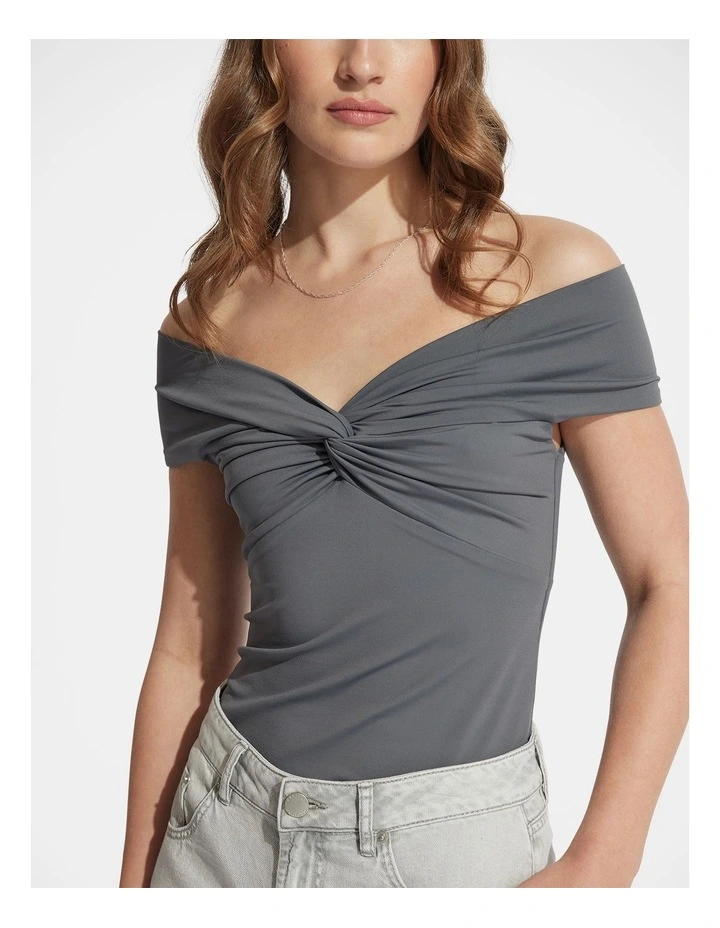 Amy Off Shoulder Twist Top in Grey image 3