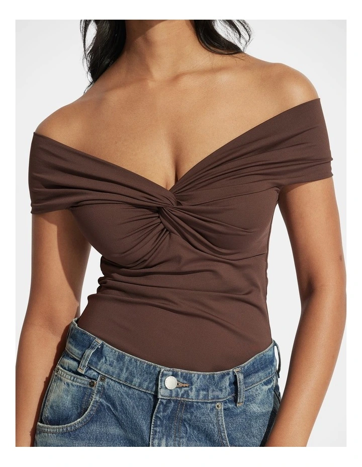 Amy Off Shoulder Twist Top in Brown image 3