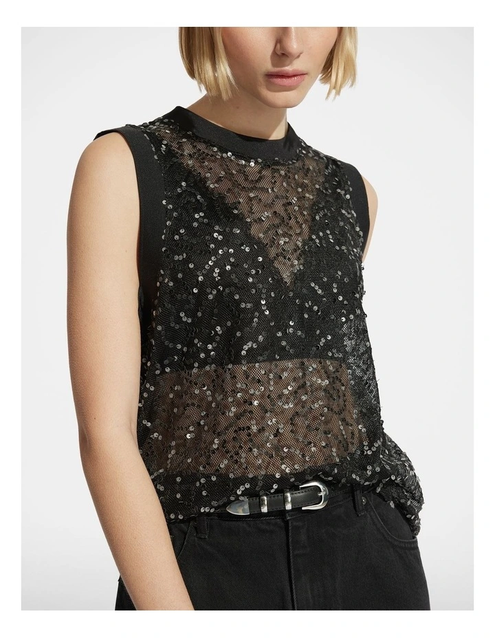 Camille PU Sequin Tank in Black image 3