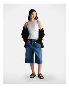 Longline Denim Shorts in Blue