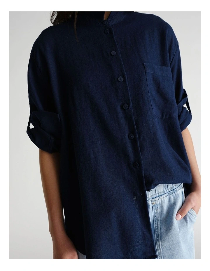D-Luxe Linen Blend Long Sleeve Shirt in Blue image 3