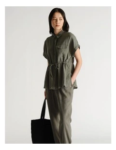 D-Luxe Linen Blend Short Sleeve Shirt in Green
