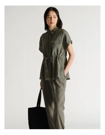 D-Luxe Linen Blend Short Sleeve Shirt in Green