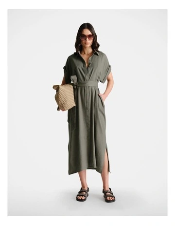 D-Luxe Linen Blend Midi Dress in Green