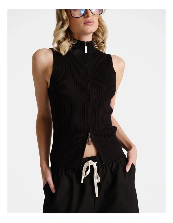 D-Luxe Zip Front Knit Top in Black image 3