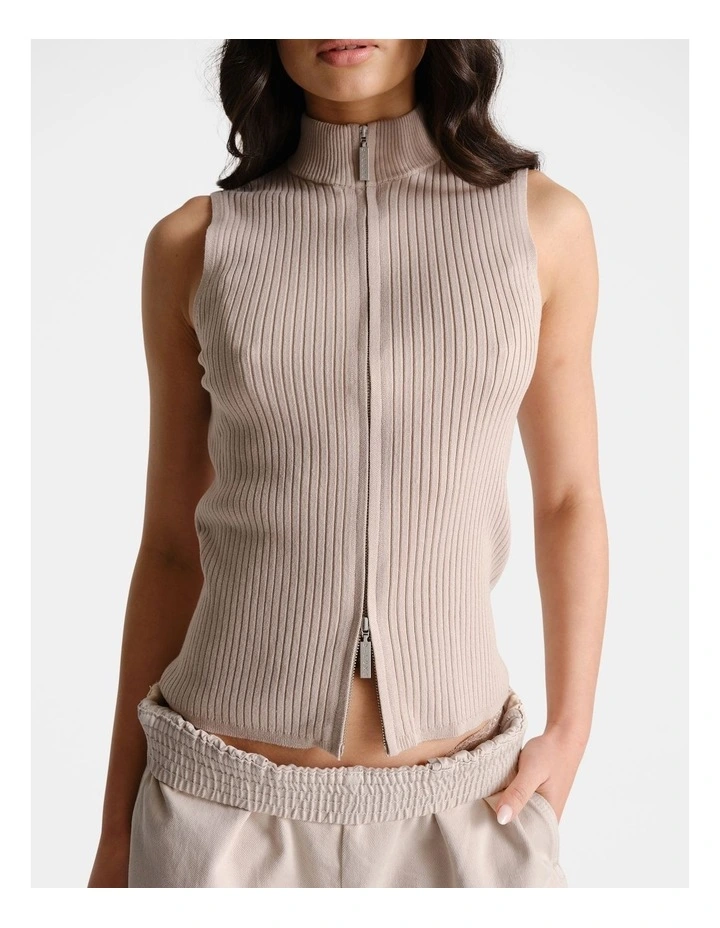 D-Luxe Zip Front Knit Top in Beige image 3