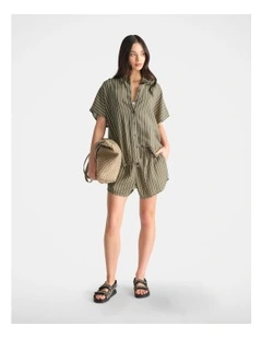 D-Luxe Linen Blend Boxy Shirt in Green in Multi