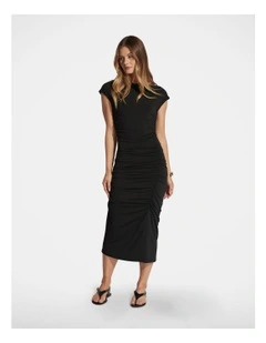 Margot Gathered Midi Dress in Black