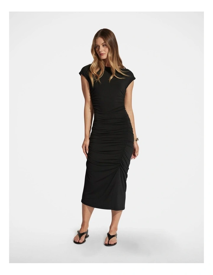 Margot Gathered Midi Dress in Black image 1