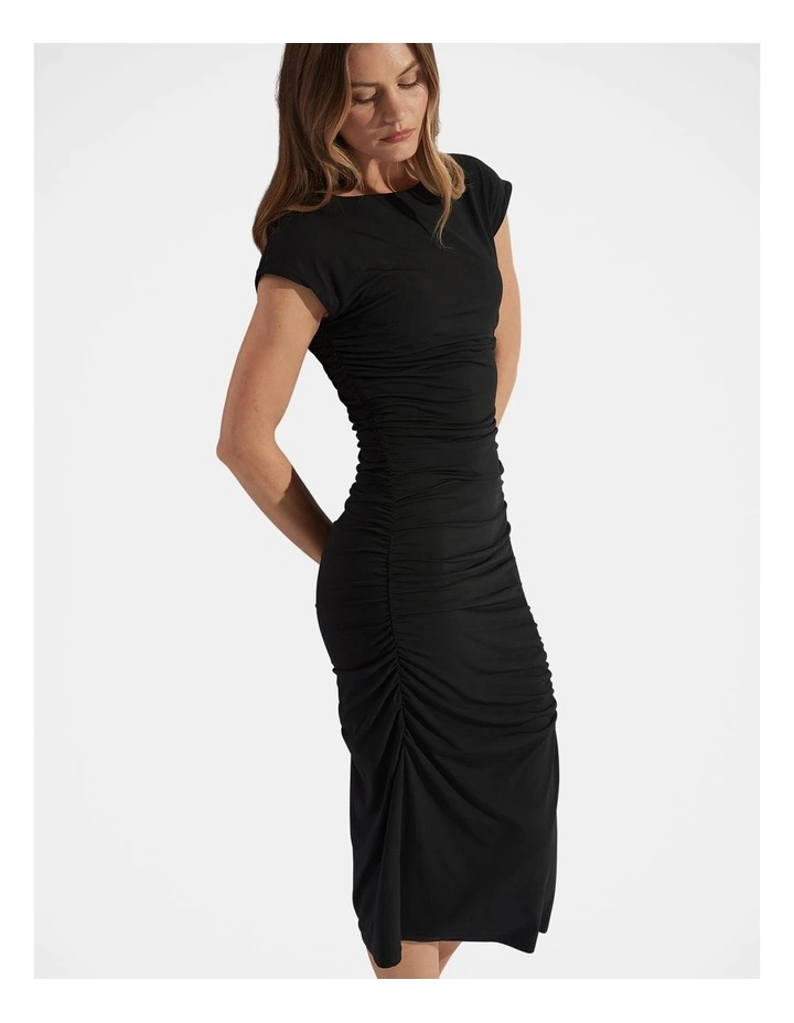Margot Gathered Midi Dress in Black image 3