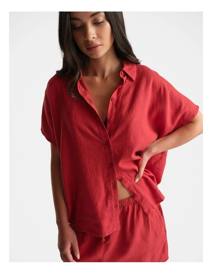 Linen Blend Boxy Shirt in Red image 3