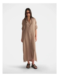 D-Luxe Textured Shirt Dress in Beige