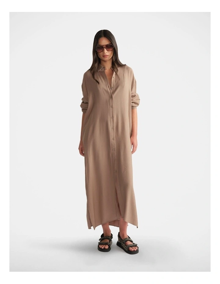 D-Luxe Textured Shirt Dress in Beige image 1