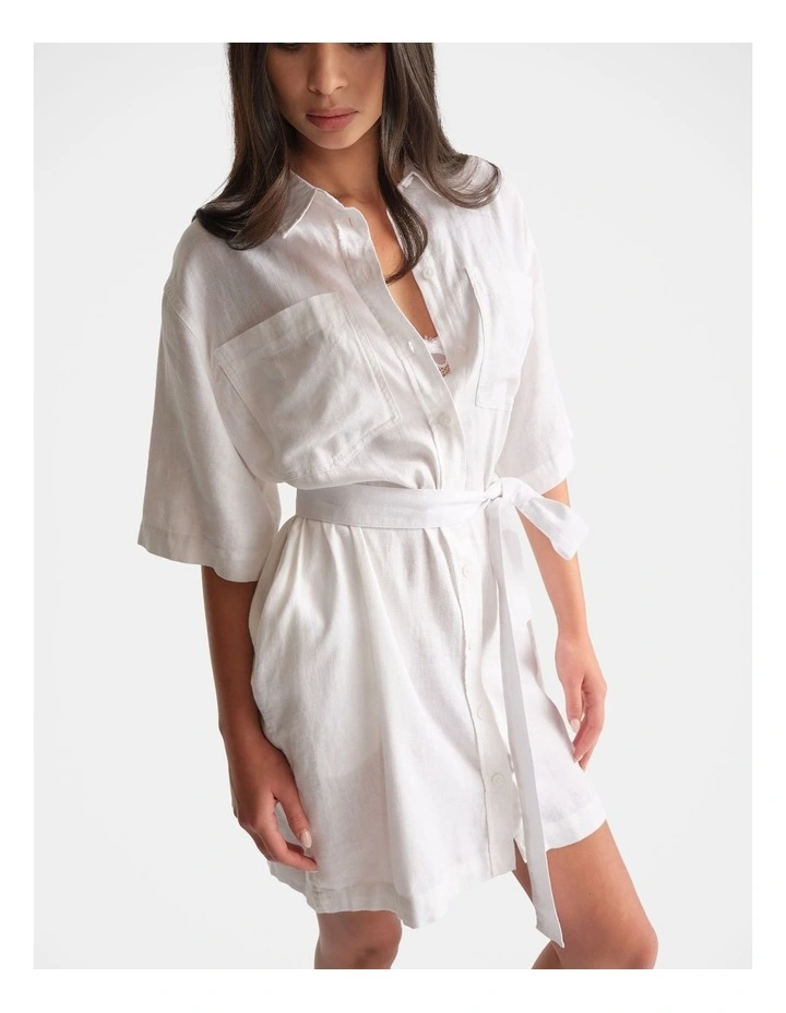 D-Luxe Linen Blend Short Dress in White image 3