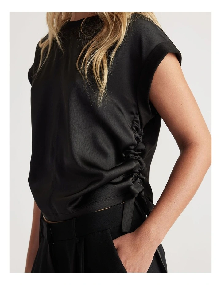 Alessia Satin Side Tie Tee in Black image 3