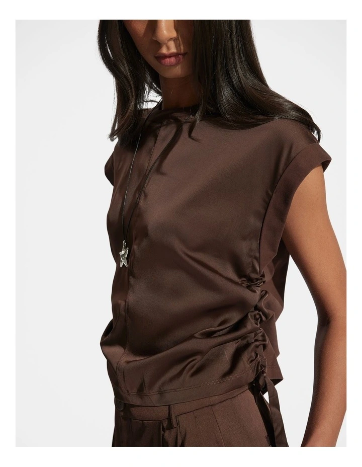 Alessia Satin Side Tie Tee in Brown image 3