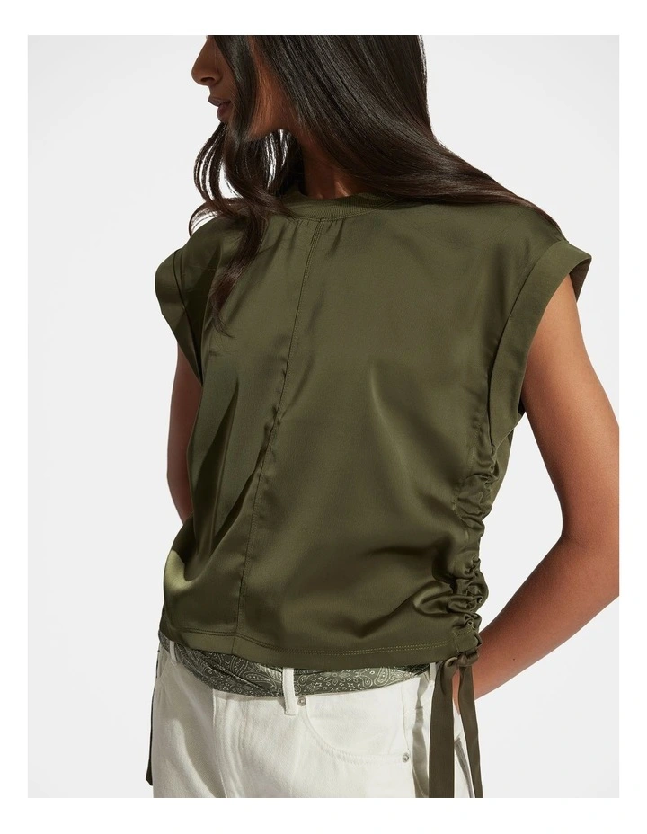 Alessia Satin Side Tie Tee in Green image 3