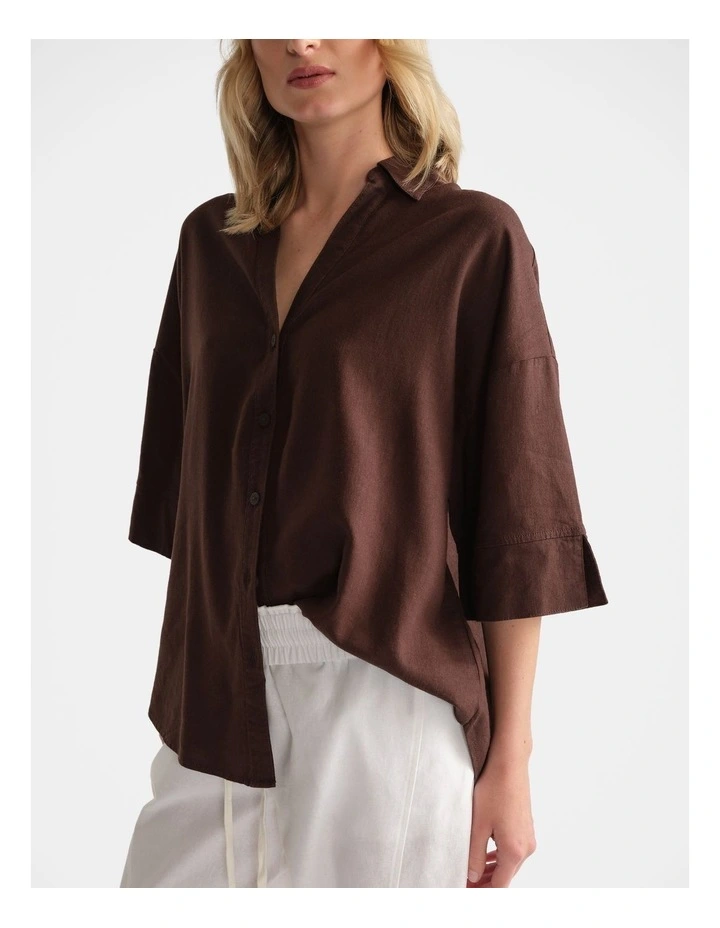 Linen Blend 3/4 Shirt in Brown image 3