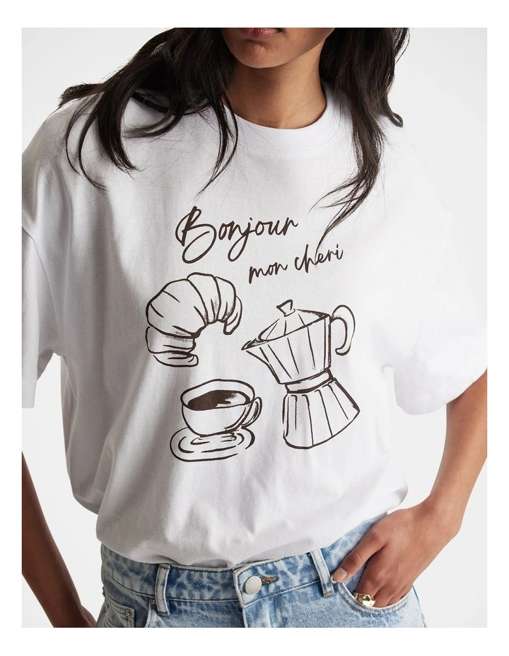 Bonjour Print Tee in White image 3