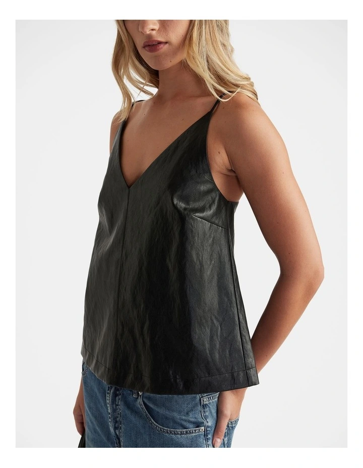 Deep V Faux Leather Cami in Black image 3