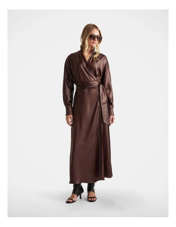 Bree Satin Wrap Maxi Dress in Brown image 1