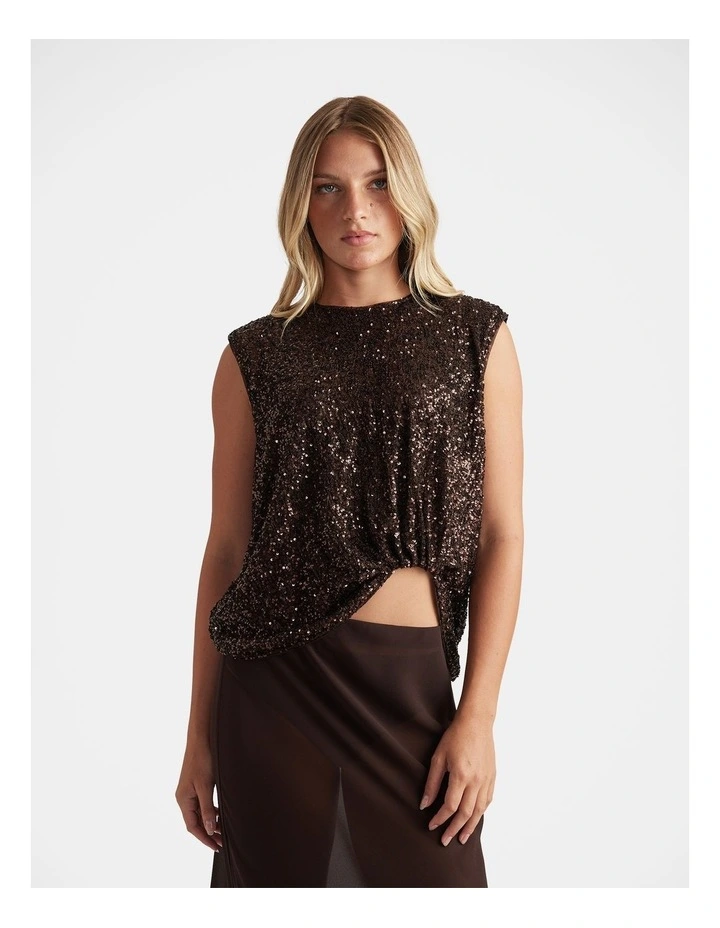 Nadia Sequin Front Knot Tank in Brown image 3