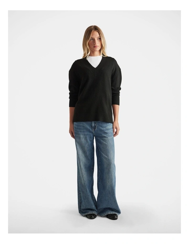 V Neck Knit Jumper in Black image 1