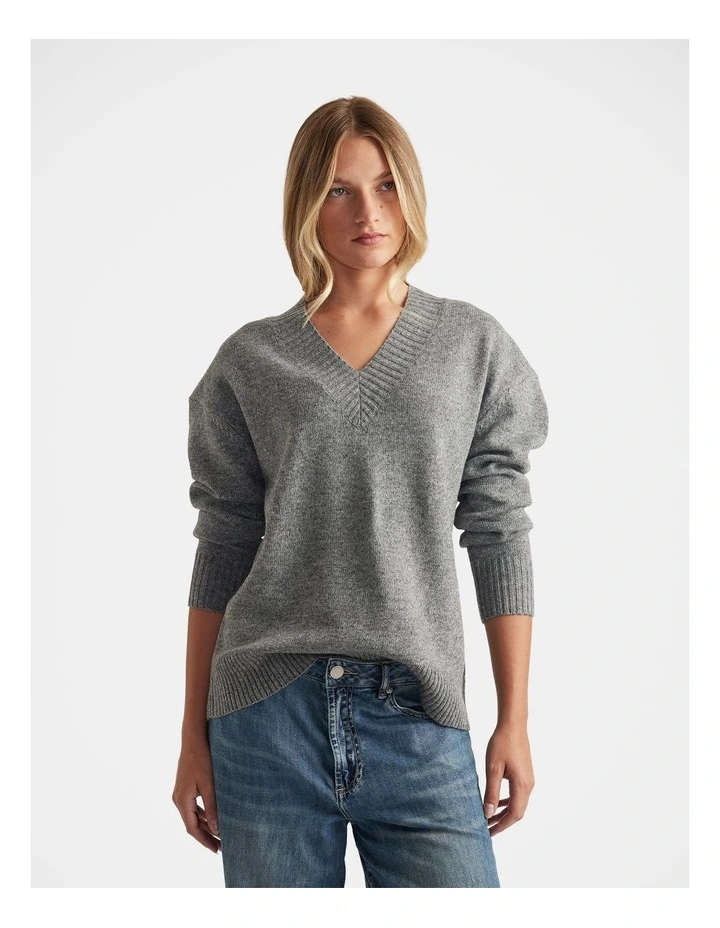 V Neck Knit Jumper in Mid Grey Marle image 3