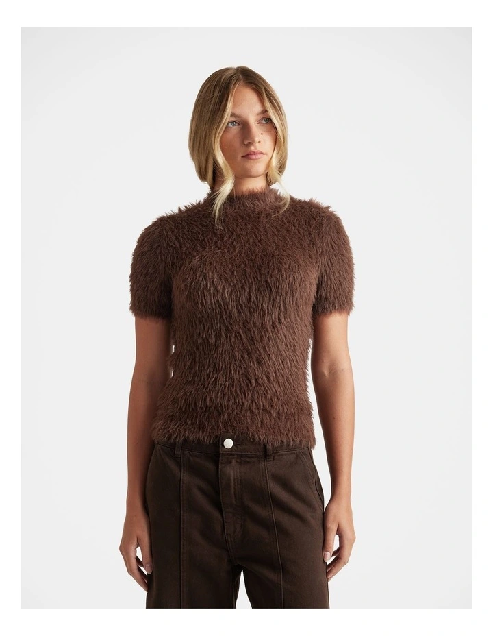 Kaia Cropped Fluffy Tee in Brown image 3