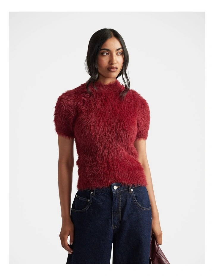 Kaia Cropped Fluffy Tee in Red image 3