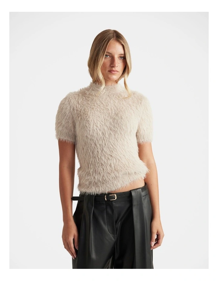 Kaia Cropped Fluffy Tee in Beige image 3