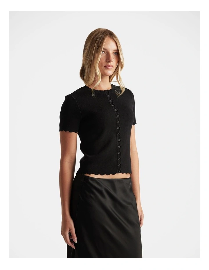 Maya Scallop Trim Button Top in Black image 3