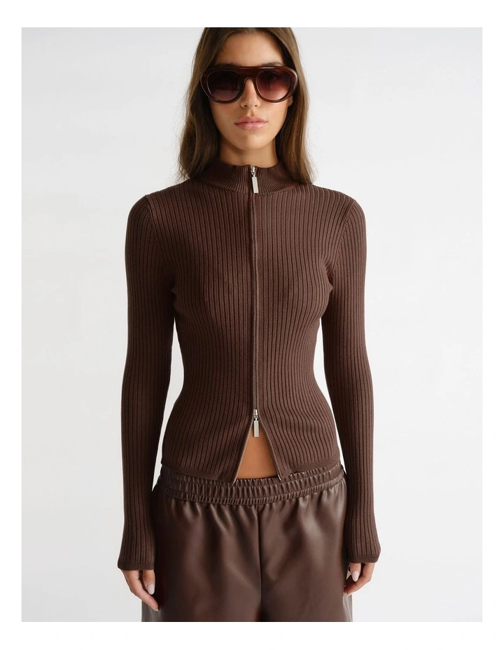 D-Luxe Knit Zip Long Sleeve Cardigan in Brown image 3