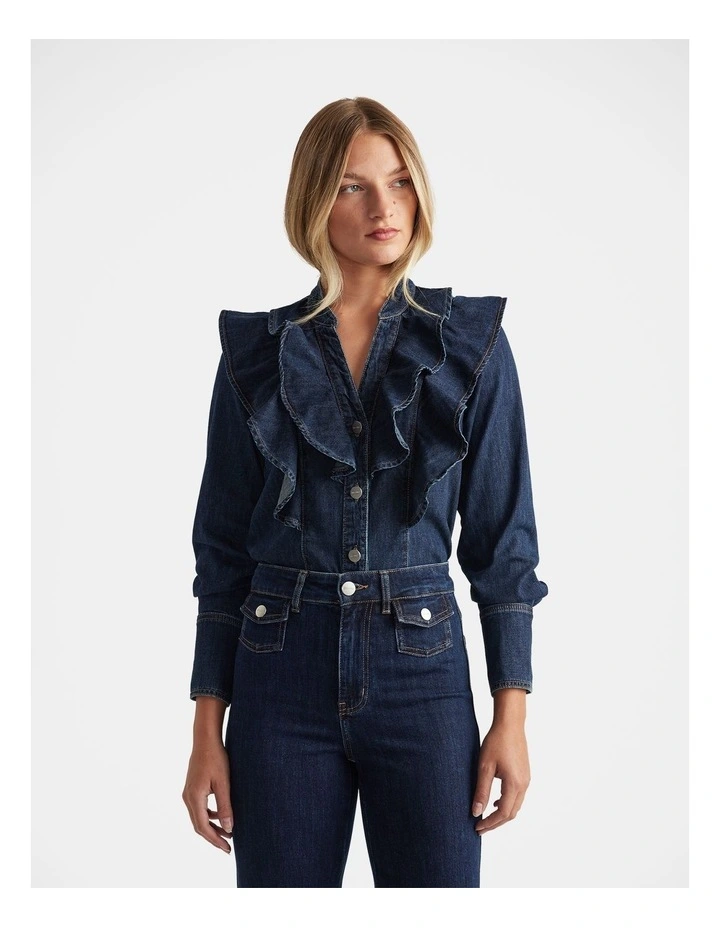 Cecilia Ruffle Denim Blouse in Blue image 3