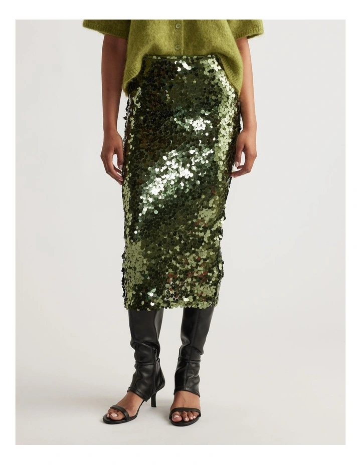 Danni Sequin Midi Skirt in Green image 3