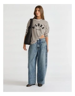 Long Sleeve Logo Top in Shell/Black Stripe