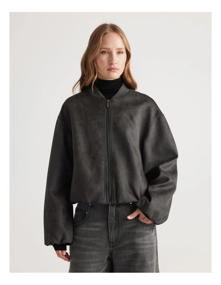 Eden Faux Suede Bomber Jacket in Charcoal image 3