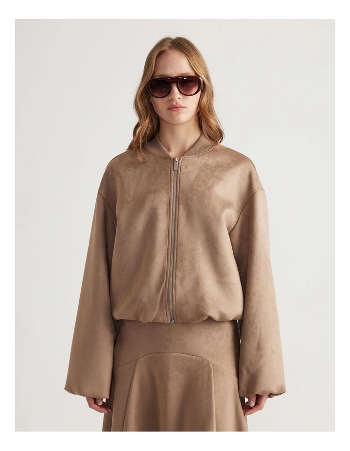 Eden Faux Suede Bomber Jacket in Dove Grey image 3