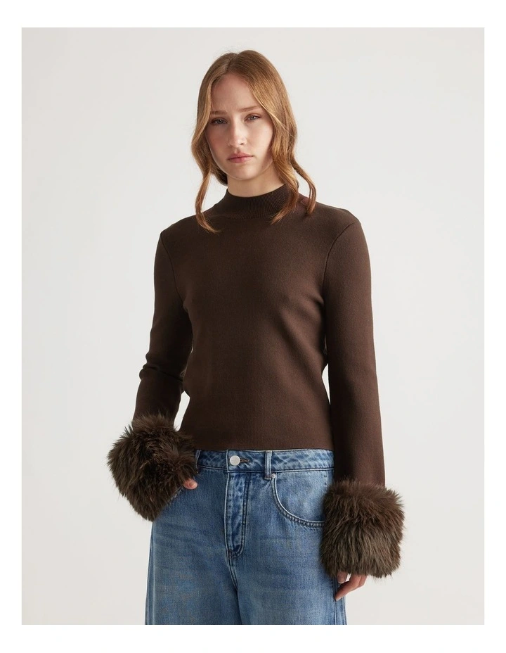 Brynn Faux Fur Cuff Jumper in Teak Brown image 3
