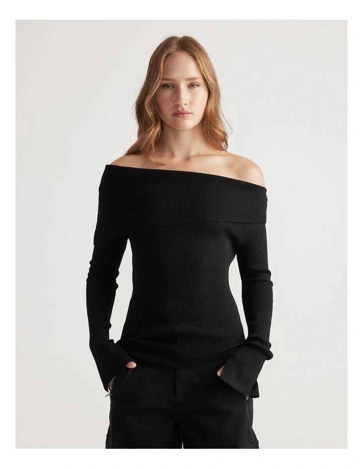 Mariah Off Shoulder Knit Top in Black image 3