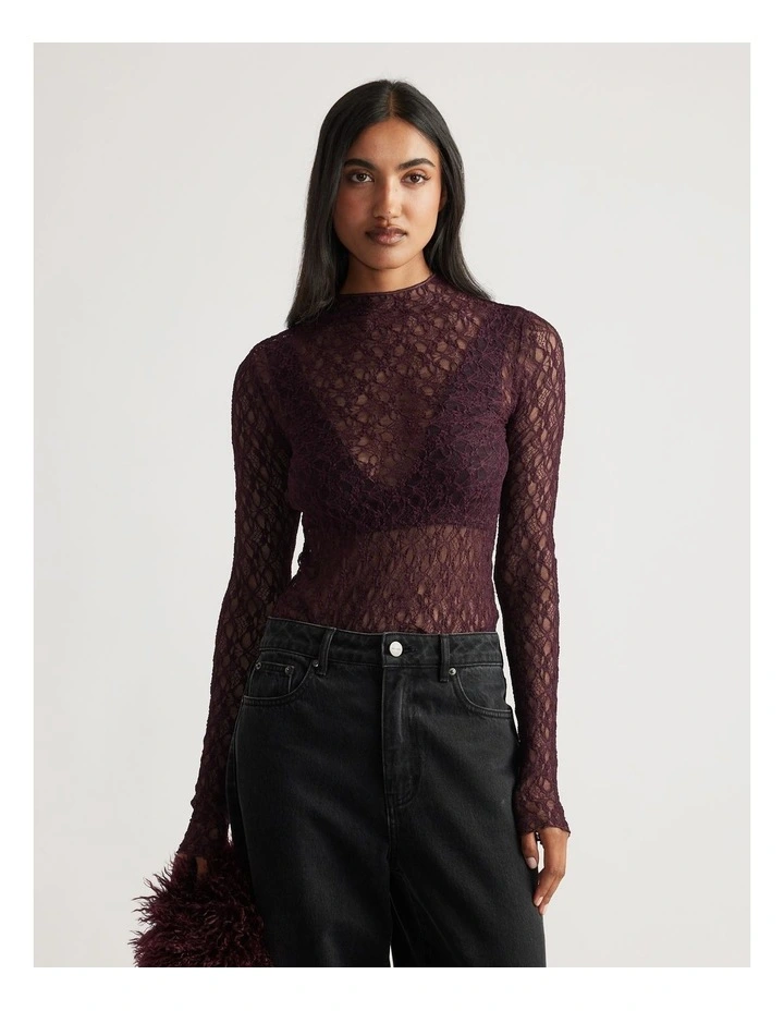Amber Lace Long Sleeve Top in Burgundy image 3
