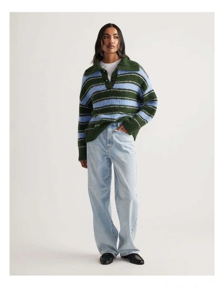 Riley Knit Polo Jumpers in Green Stripe image 1