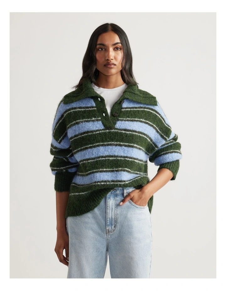 Riley Knit Polo Jumpers in Green Stripe image 3