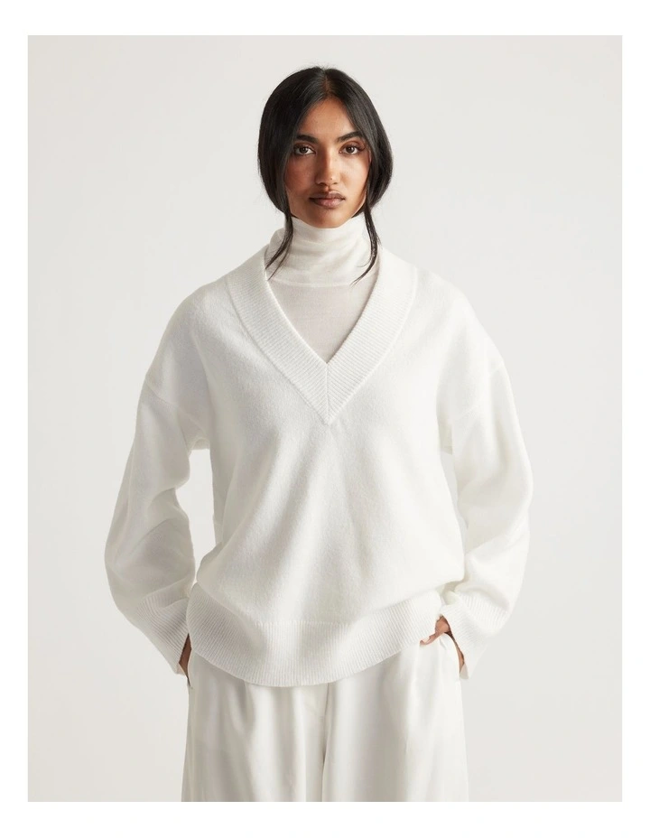 Skyler V Neck Knit Jumper in Antique White image 3