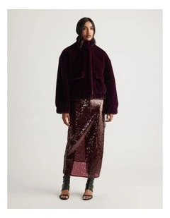 Saylor Faux Fur Bomber Jacket in Burgundy