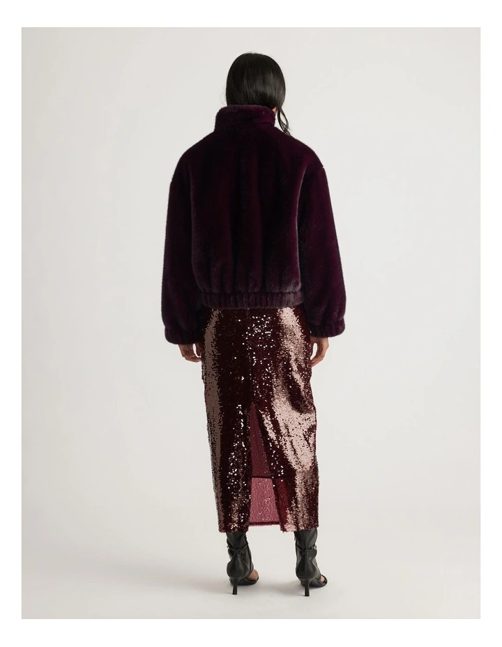 Saylor Faux Fur Bomber Jacket in Burgundy image 2
